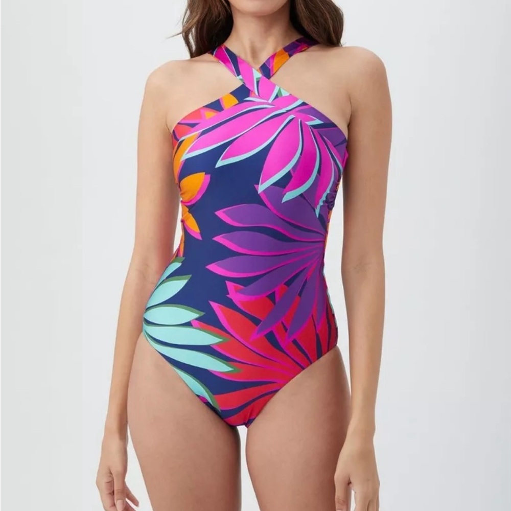 NWT Trina Turk Women's Wailea Reversible Multicolor Halter Swimsuit Size 10 - Picture 1 of 15